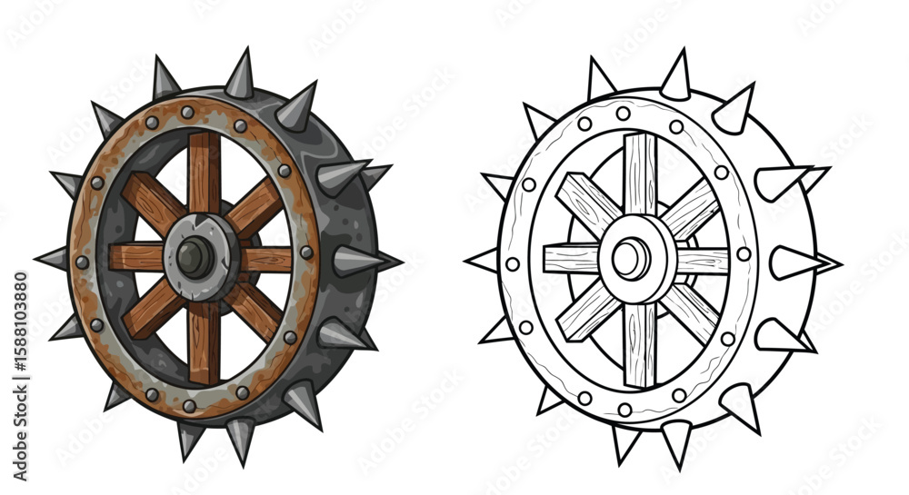 Obraz premium Spiked Wheel Trap Coloring Page with Colored and Outline Drawing Medieval Warfare