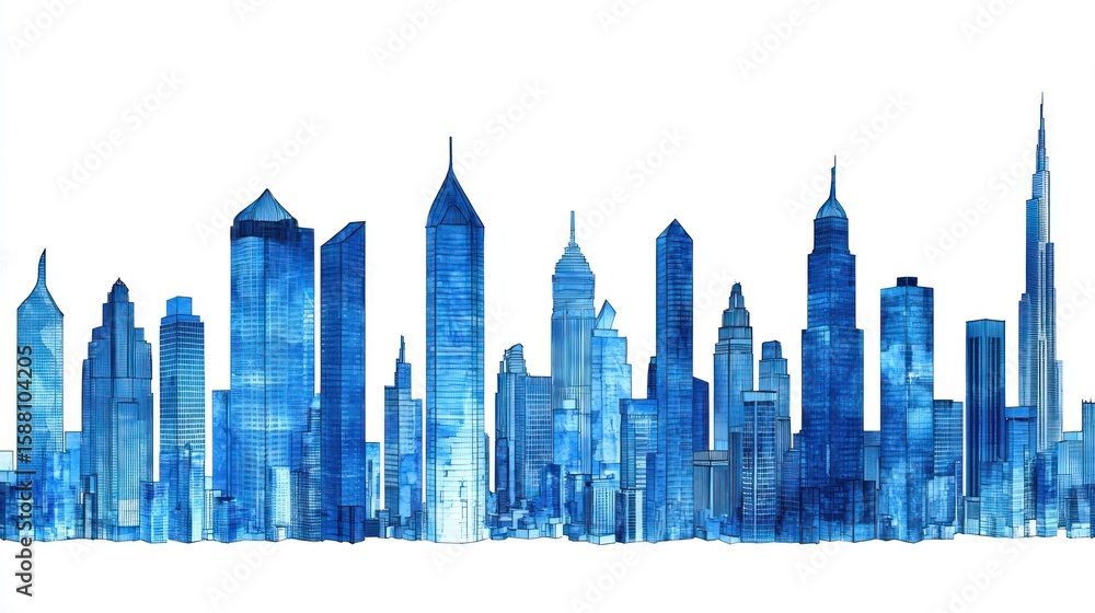 Fototapeta premium Abstract skyline illustration featuring blue-toned skyscrapers against a white background