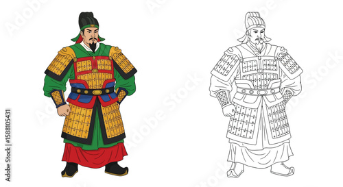 Tang Dynasty General Coloring Page with Colored and Outline Pose Chinese History Art