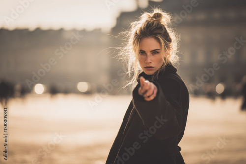 person is pointing at object indicating something significant in clear manner