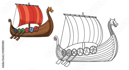 Viking Longship Coloring Page with Colored and Outline Ships Ancient Norse Vessel Art