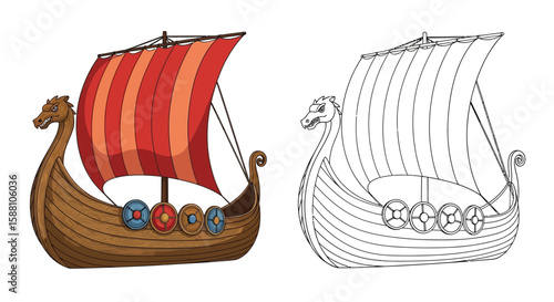 Viking Longship Coloring Page with Detailed Colored and Outline Ships Norse Maritime History