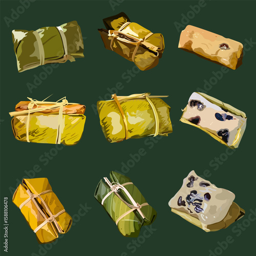 Set Khao Tom Mad, Thai Dessert, Freshly Homemade of Bananas in Sticky Rice Made From Bananas and Glutinous Rice, EPS10. Vector illustration