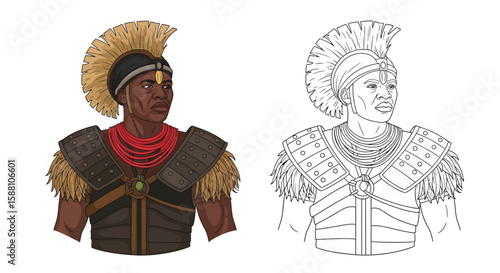 Zulu General Coloring Page with Detailed Colored and Outline African Military Leader History
