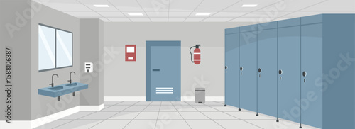 Corporate toilet. Hospital toilet. Mall toilet. College restroom. Lavatory room. Wash stand. Rubbish bin. 