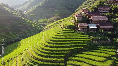Lush terraced rice paddies, mountain village