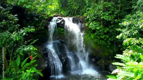 Lush waterfall cascading through tropical forest