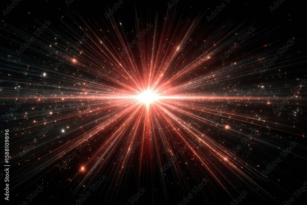 Fototapeta premium Bright red starburst effect on black. It is great for science or abstract themes.