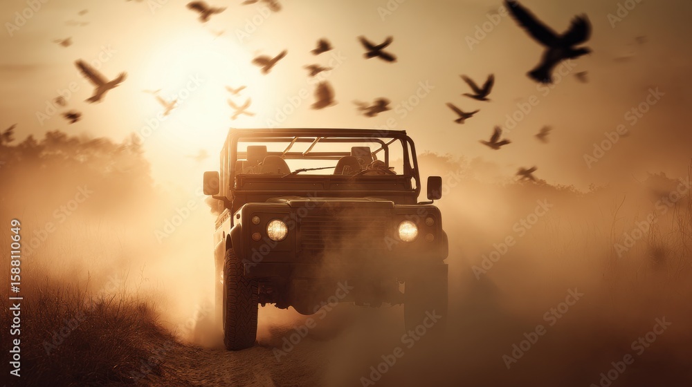 Fototapeta premium Open Vehicle Driving on Dirt Road with Flying Birds