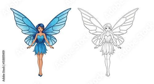 Whimsical Blue Fairy Character Coloring Page Offering Full Color and Black Line Outline Art
