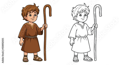 Resourceful Clever Shepherd Boy Coloring Page with Both Colored and Outline Versions for Kids