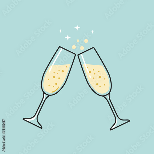 Two champagne glasses clinking with bubbles and sparkles on blue  