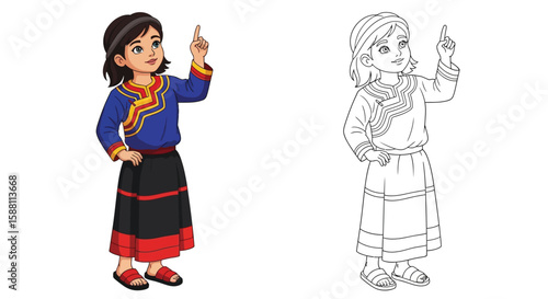 Intelligent Clever Young Girl from Folk Tale Coloring Page with Colored and Outline Art