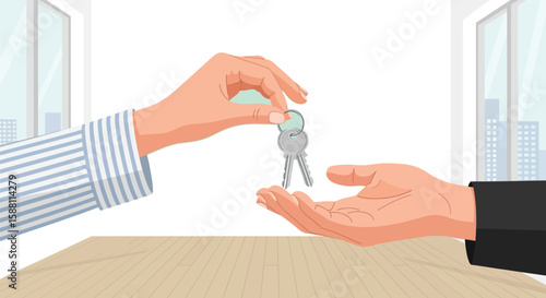 Handover of house keys representing property ownership and real estate concepts