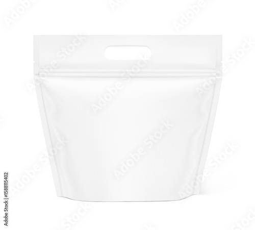 Realistic stand up pouch bag with handle mockup with shadow. Front view. Vector illustration isolated on white background. Easy to make a realistic mockup of your product. EPS10.