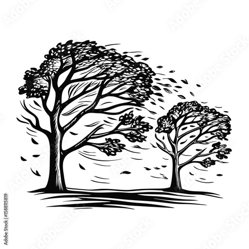 Wind blowing through trees creates dynamic engraving of nature, capturing breeze through leaves in monochrome drawing.