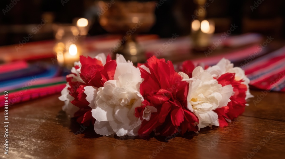 Obraz premium Vibrant floral wreath with red and white blooms on polished wood, warm golden cup, glowing candles, colorful striped fabric in softly-lit festive background.
