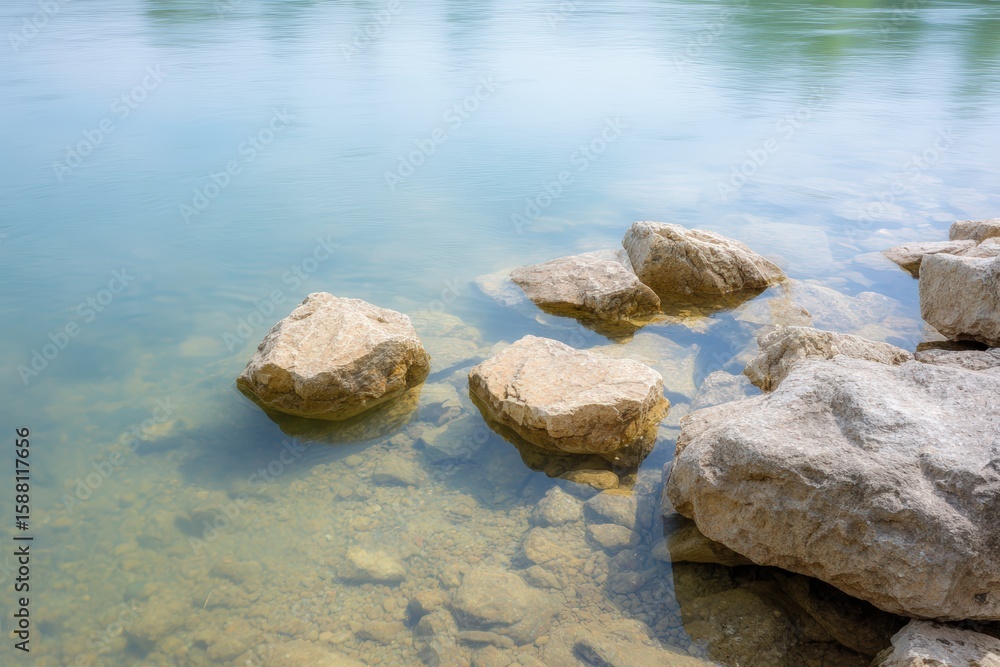Tranquil water scene featuring smooth stones partially submerged in clear water, reflecting serene natural surroundings and creating a peaceful atmosphere Tranquil water scene featuring smooth stones partially submerged in clear water, reflecting serene natural surroundings and creating a peaceful atmosphere