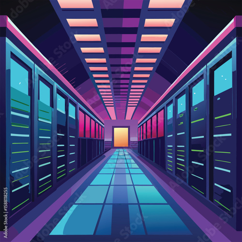 Digital Corridor Inside AI Server Room Glowing Vector