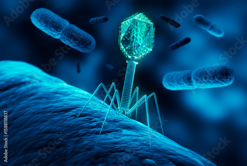Obraz na plátně Medical illustration of a bacteriophage infecting bacterium - 3D illustration