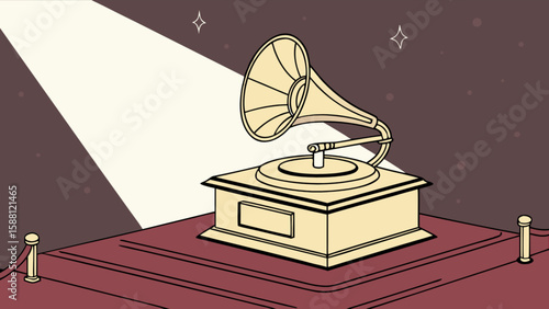 Vintage gramophone record player on red carpet for music lovers and antique collectors for nostalgia 1920s era
