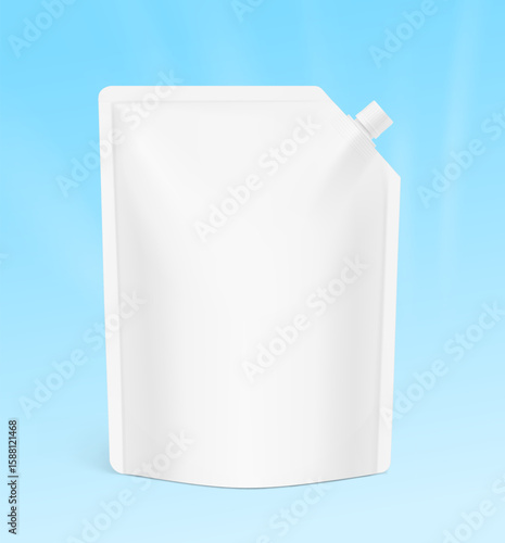 Realistic stand pouch bag with corner spout mockup. Vector illustration on colour background. Front view. Can be use for template your design, presentation, promo, ad. EPS10.