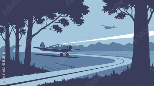 Vintage airplane scenic landscape illustration for aviation enthusiasts and travel destinations art print design