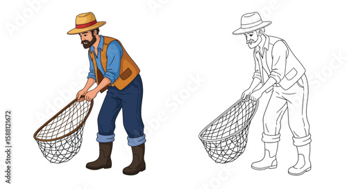 Amusing Foolish Fisherman Coloring Page Offering Full Color and Sketch Outline Art for Children