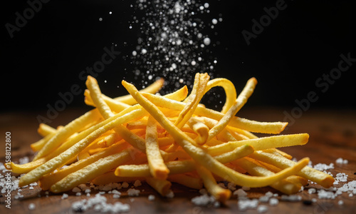 A Dynamic, High-Speed Photograph of a Handful of Julienne Fries Being Tossed with Sea Salt