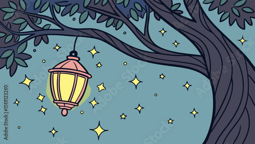 Enchanted night scene with hanging lantern under tree and stars illustration vector design graphic art