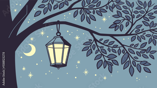 Night scene vector illustration with tree branch lantern moon and stars for graphic design projects