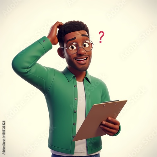 Confused African American man with clipboard illustration concept