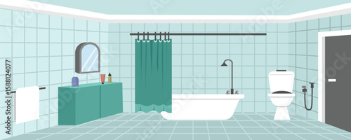Hotel bathroom interior. Modern home bathroom architecture. Toilet door. Bathroom curtain. Closet and bidet. Bathtub set.