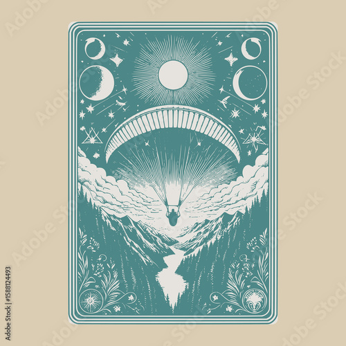 paragliding over mountain’s breath in ethereal antique card art