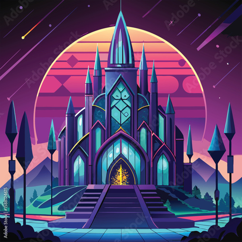 Futuristic Cathedral Glowing with AI Stained Glass Vector