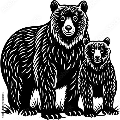 Protective Brown Bear with Two Cubs in Grass Meadow – Wildlife Family Concept

