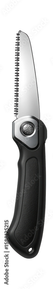 Obraz premium Folding pocket saw with a retractable blade and a safety lock for hiking trips.