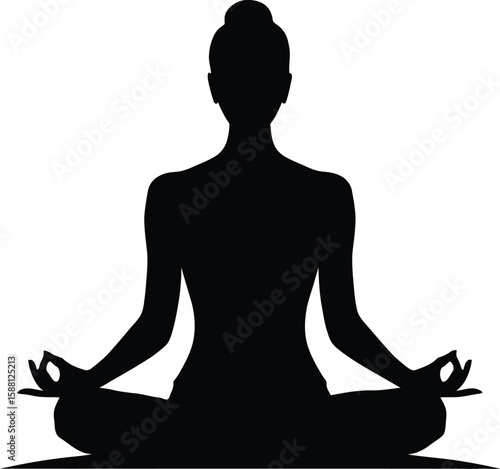 Silhouette of a woman meditating in a lotus pose with mudra hands