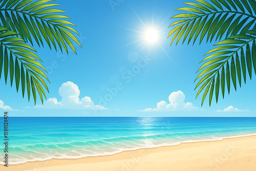 Sunny Day Tropical Beach Vector Illustration with Bright Sun