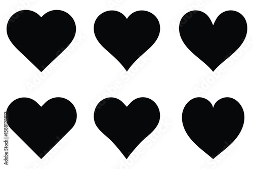 Heart set of black heart shapes vector illustration. Black silhouette heart flat icon set isolated on white. Collection of 6 hearts, Black heart icon. love symbol vector.