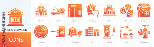 Public services icon collection set. Containing Church, Tow Truck, Elevator, Water Supply, Bank icon