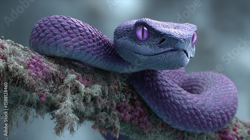 Realistic purple snake on tree branch
