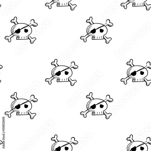 A playful pattern features cartoon-style skulls with crossbones and eye patches repeated across a clean white background. Ideal for themed projects, fabrics, and more.