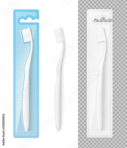 Realistic toothbrush in packaging box mockups. Vector illustration isolated on white, transparent backgrounds. Ready and simple to use for your design. EPS10.