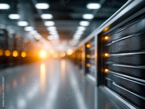 Modern Data Center Server Racks with Warm Lighting