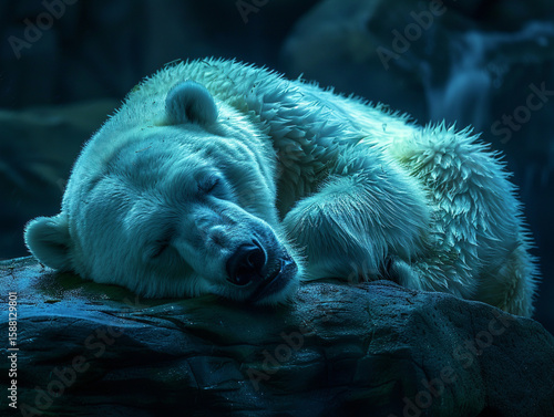A Sleeping Polar Bear on a Rock in Low Light