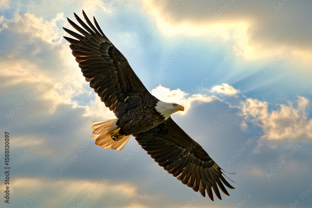 Naklejka premium A majestic bald eagle soars through the blue sky, its powerful wings spread wide in a symbol of freedom