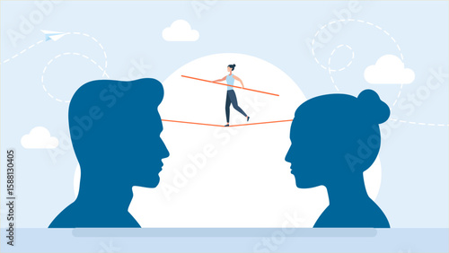 A woman tries to understand the man's thinking. Tightrope walker walks between silhouettes of the heads of a man and a woman. Relationships. Psychology of relationships in couple. Vector illustration