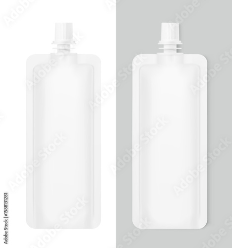 Spout pouch packaging bag mockup. Vector illustration  isolated on white and grey background. Front view. Can be use for template your design, presentation, promo, ad. EPS10.
