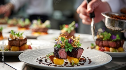 Chef plating gourmet dish with artistic food styling in restaurant kitchen